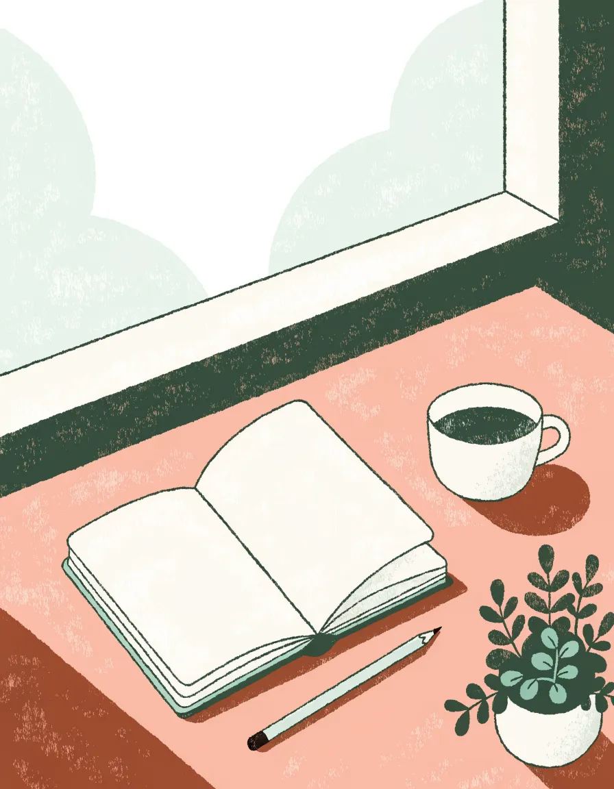 Illustration eines Schreibtischs am Fenster: aufgeschlagenes Notizbuch, Bleistift, eine Tasse Kaffee und eine kleine Topfpflanze im Morgenlicht.