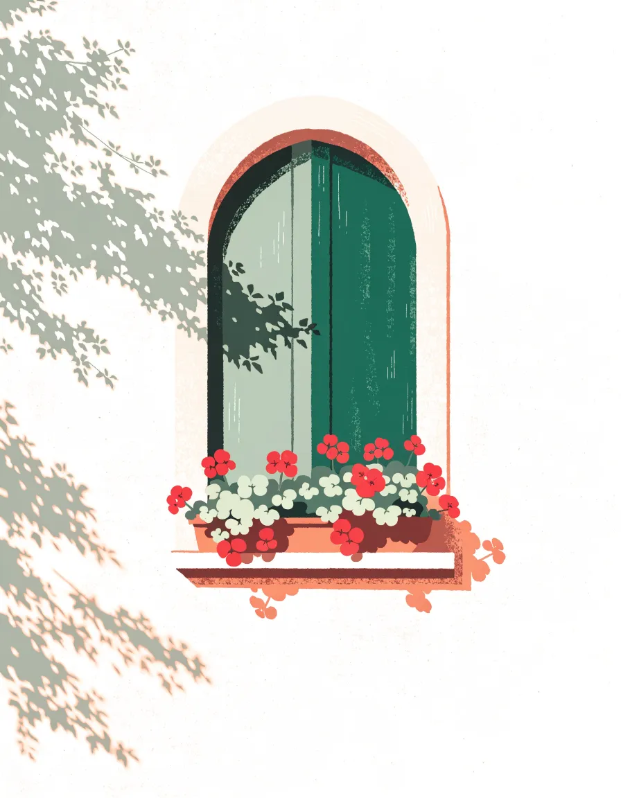 Illustration einer Hausfassade: ein Bogenfenster mit Holzläden und Blumenkasten an einer cremefarbenen Putzwand, ein Baumschatten fällt über die Fläche.